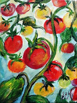 #ad Cherry Tomatoes on the Vine Food Art Kitchen Decor Vegetables Oil Painting R $120.00
