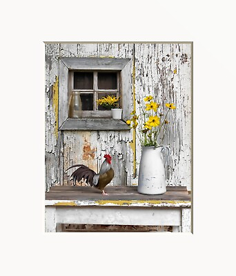 #ad Rustic Home Decor Country Kitchen Rooster Yellow Flowers Matted Wall Print $16.99