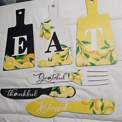 #ad 6 Pieces Lemon Kitchen Decor Eat Signs Fork and Spoon Wall Decor Cutting Board $12.99