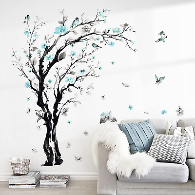 #ad Large Watercolor Tree Wall Decals Blue Flower Branch Wall Stickers Living Room B $32.27