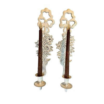 #ad Shabby Chic White Cast Metal Candle Wall Sconces Distressed White Pair 18quot;h $34.00