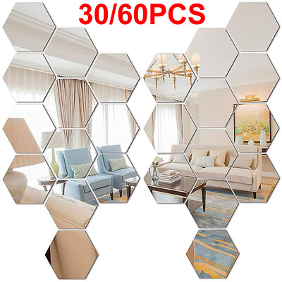 #ad 3D Hexagon Mirror Tiles Wall Stickers Self Adhesive Stick On Art Home Decor $9.17