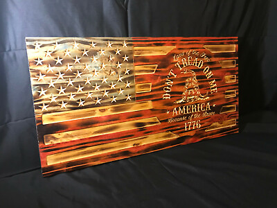 #ad US Rustic Wood Burned Flag Gadsden Dont Tread On Me American Flag Painted Carved $70.00