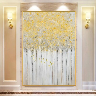 #ad Large Abstract Tree Canvas Oil Painting Handmade Wall Art Gold Forest Artwork $99.00