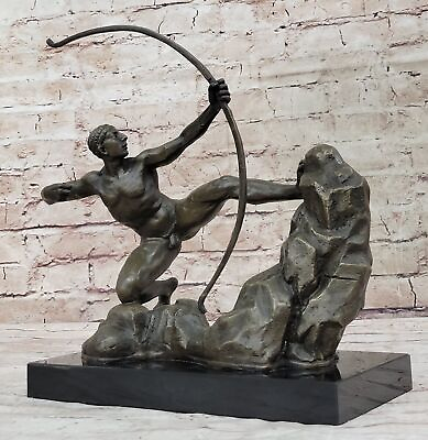 #ad Bronze Metal Art Deco Classic Sculpture Male Archer Bow Arrow Statue Marble $199.50