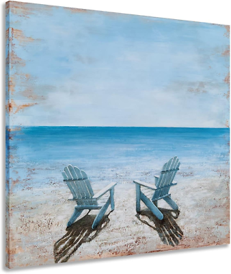 #ad Beach Chair Canvas Wall Art Blue Ocean Painting for Living Room Decor $79.97
