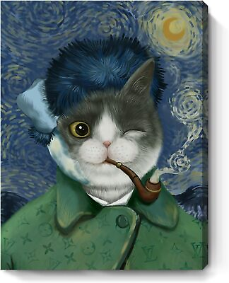 #ad Bathroom Wall Art Starry Night Picture Cat with Bandaged Ear Funny Canvas Print $20.39
