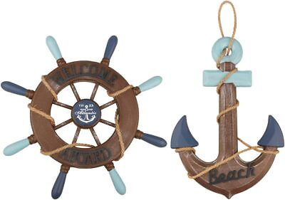 #ad Ship Wheel 2Pack 13quot; Nautical Beach Wooden Wall Art Decor Retro Brown $46.16