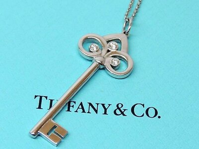 #ad TIFFANYamp;Co. #4 Necklace K18 WG White Gold 3P Diamond Fleur Lis Key Top $1780.84