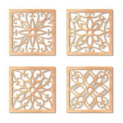 #ad 4 Pieces Thicken Rustic Wall DecorFlower Carved Wall ArtWooden Hollow Carved ... $16.55