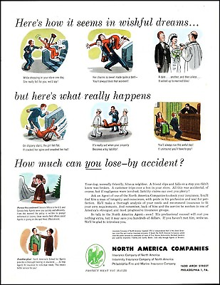 #ad 1952 Comic accident art North America companies insurance vintage Print Ad adL34 $14.95