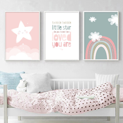 #ad Cartoon Rainbow Nursery Quotes Poster Wall Art Canvas Print Kids Bedroom Decor $7.73