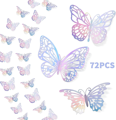 #ad 72PCS 3D Laser Silver Butterfly Wall Decor 3 Styles 3 Sizes Metallic Butterfly $15.67