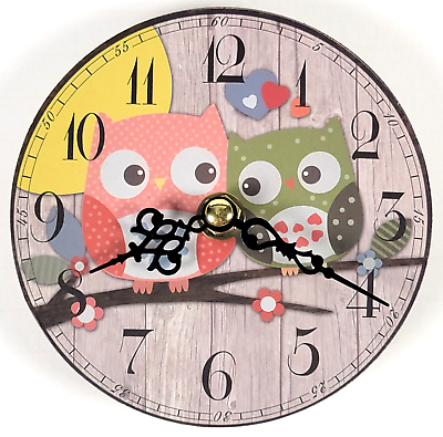 #ad Small round 4.5 inch wood Owls amp; Hearts Wall Clock Rustic for Crafting or Decor $6.80