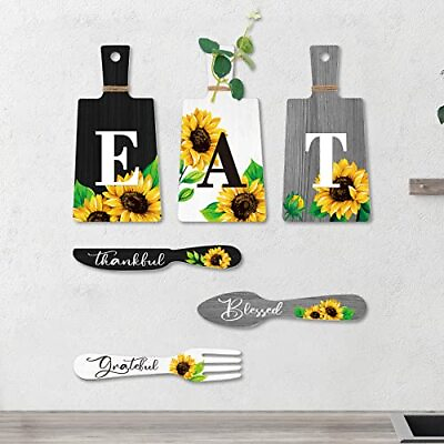 #ad 6 Pieces Sunflower Kitchen Decor Eat Signs Fork And Spoon Wooden Kitchen Wall De $27.26