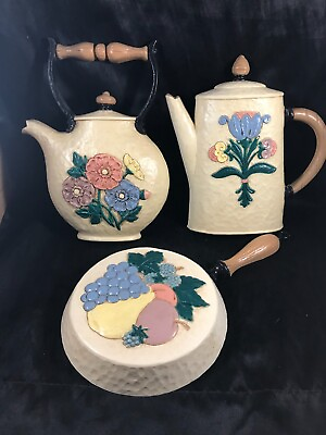#ad Set of 3 Vintage Wall Hanging Retro Country Kitchen Teapot Frying Pan Coffee Pot $9.18