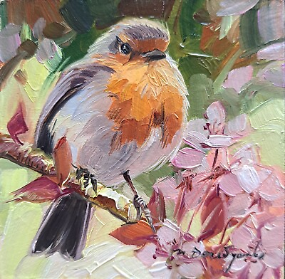 #ad Bird Robin pale color bird oil painting original miniature artwork 4x4 small art $98.00