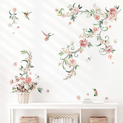 #ad #ad Peony Flower Wall Decals Pink Blossom Birds Wall Stickers Living Room Bedroom Gi $18.61