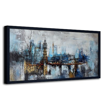 #ad Large Wall Art for Bedroom Abstract City View Canvas Art Gray Blue Buildings ... $325.49