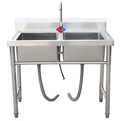 #ad Double Compartment Commercial Utility Kitchen Sink Restaurant Stainless Steel $250.00