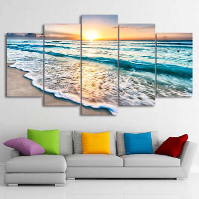 #ad Beautiful Ocean Seascape Beach Sunset Sunrise Sea Waves 5 Piece Canvas Wall Art $189.00