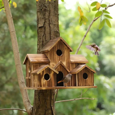 #ad #ad Outside Wooden Bird Houses Hanging 6 Hole Handmade Natural House Bird HOT $29.99