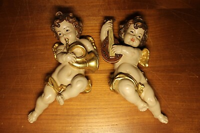 #ad VTG 10quot; PAIR HAND CARVED WOOD FLYING ANGEL CHERUB PUTTO WALL FIGURE STATUE GIFT $540.00