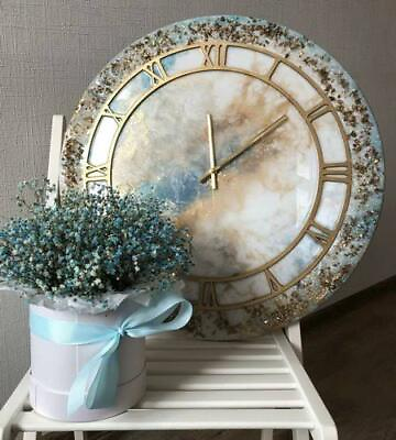 #ad Resin Wall Clock for Home Decor Blueamp; Golden Geode modern design $199.99