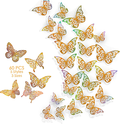 #ad 3D Butterfly Wall Decor 60 Pcs 5 Styles 3 Sizes Genuine Glittering Sequin Desig $16.65