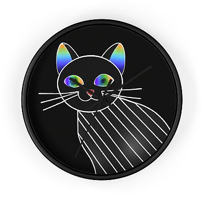 #ad Home Decor Wall Clock Neon Rainbow Cat Art Digital Illustration Cute Fun Hipster $35.00