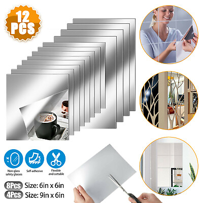 #ad 12PCS Self Adhesive Mirror Reflective Wall Sticker Film Paper Home Kitchen Decor $8.98