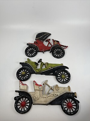 #ad 3 Vtg Cars Cast Metal Art Wall Decor Midwest 1910 Buick Hupmobile $25.00