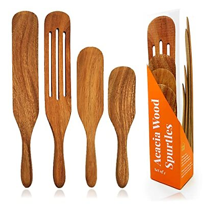 #ad Set of 4 Spurtle Set Natural Acacia Wooden Spoons Kitchen Utensils Cookware $25.96