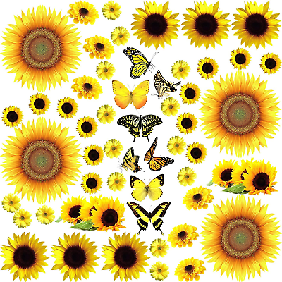 #ad 53 Pcs Sunflower Daisy Wall Decals Butterfly Wall Stickers Waterproof Sunflower $15.99
