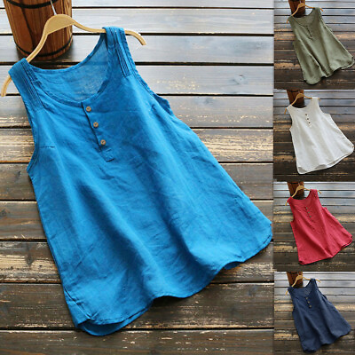 #ad #ad Vintage Solid Women Casual Summer Linen Tops Tee Sleeveless Loose Vest Blouse $13.81