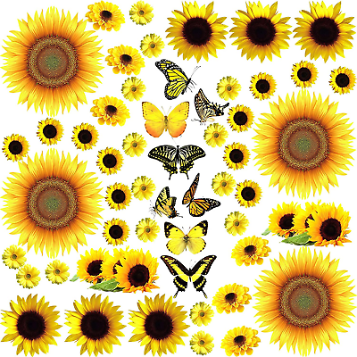 #ad 53 Pcs Sunflower Daisy Wall Decals Butterfly Wall Stickers Waterproof Sunflower $12.98
