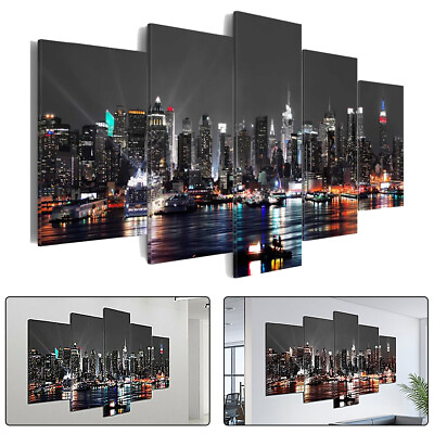 #ad 5 Pieces Canvas Wall Art Poster Print Modern City Night Painting Home Decor $12.08