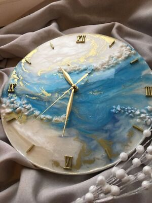 #ad Resin Wall Clock for Home Decor Blue and Golden Abstract modern design $119.99