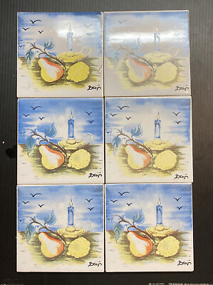 #ad Set of 6 Ceramic Accent Wall Tiles Food and Drink Motif signed by artist $19.95