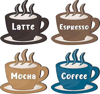 #ad 4 Pieces Coffee Wooden Wall Art Decor Coffee Cup Wooden Wall Sign Latte Coffee $15.99