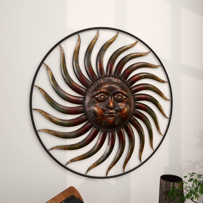 #ad Metal Brown Indoor Outdoor Sun Wall Decor with Distressed Copper like Finish 37quot; $77.04