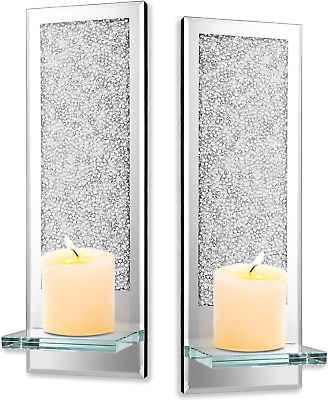 #ad Wall Decor Living Room Set of 2 Diamond Crystal Candle Holders Sconces Wall D $57.02