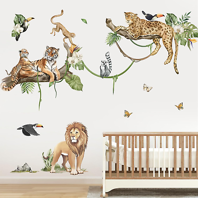 #ad Large Jungle Animals Tree Branch Wall Stickers Safari Lion Leopard Tiger Wall De $28.99