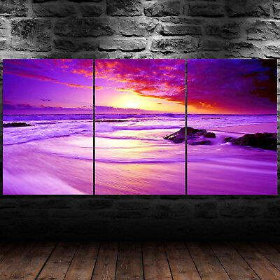 #ad Purple Beach Ocean Sunset 3 Piece Canvas Wall Art Print Home Decor $98.99
