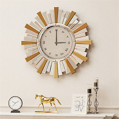 #ad Large Mirrored Wall Clock Beveled Roman Numerals Mirrored Clock Almost Silent $85.91