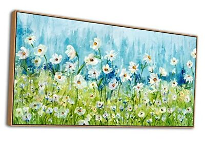 #ad Framed Daisy Wall Art White Flowers Canvas Wall Framed 24x48 inches Greenamp;Blue $209.08