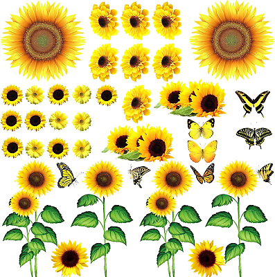 #ad 53 Pcs Sunflower Daisy Wall Decals Butterfly Wall Stickers Waterproof Sunflower $16.65