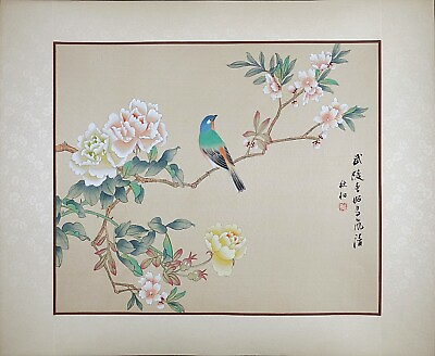 #ad Vintage Oriental Painting Asian Watercolor on Silk Art Spring Bird and Flower $95.00