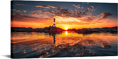 #ad Large Size Ocean Beach Wall Art Lighthouse at Sunset Pictures Canvas Print Coast $98.99