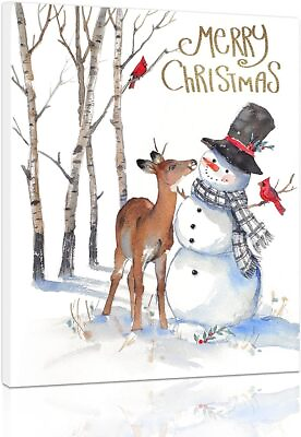 #ad Christmas Canvas Wall Art: Snowman Deer and Cardinal Red Bird Decor Picture $50.00
